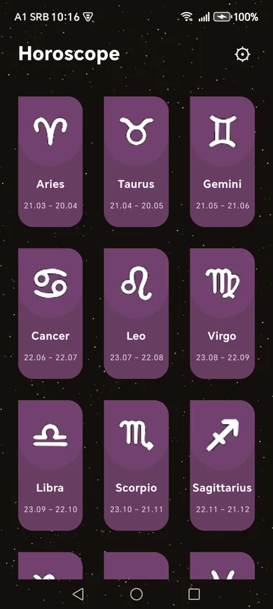 Snimak ekrana aplikacije Horoscope: Izbor horoskopskog znaka
